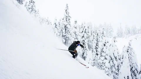 Skier riding in fresh snow downhill