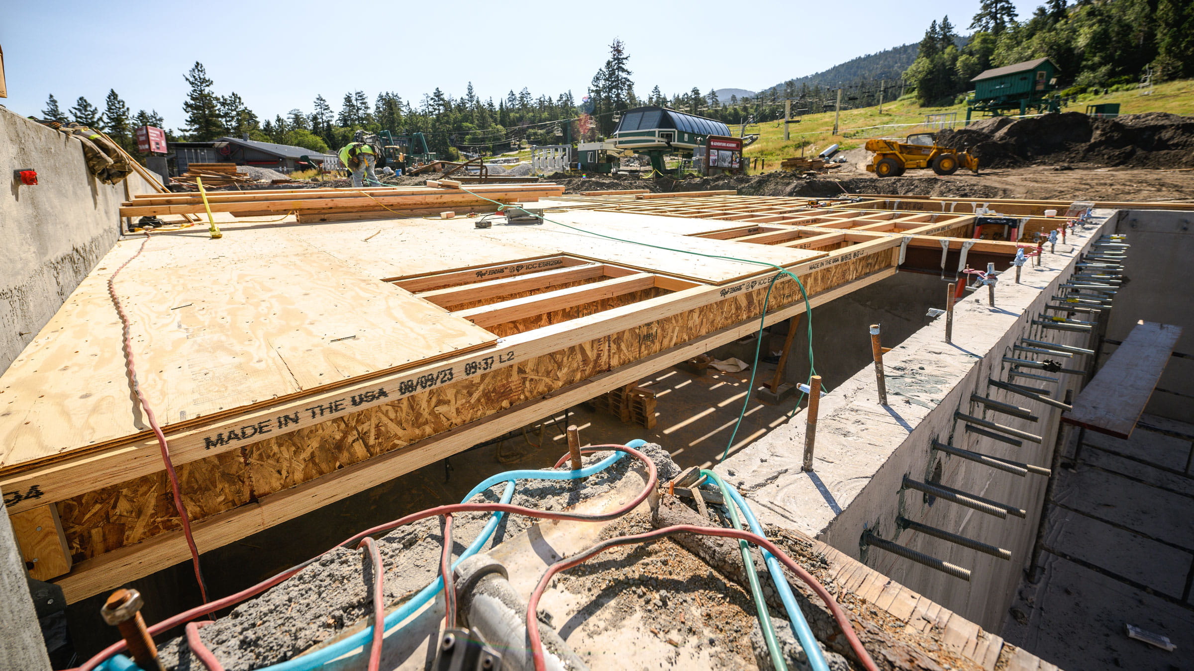A shot of the Bear Mountain sun deck with plywood laid out.