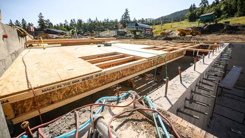A shot of the Bear Mountain sun deck with plywood laid out.