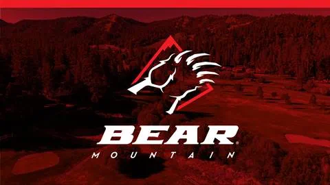 Red overlay on a Bear Mountain Golf Course image from a drone view with the Bear Claw logo