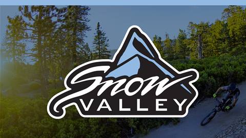 Blue overlay on a bike park image with the Snow Valley logo
