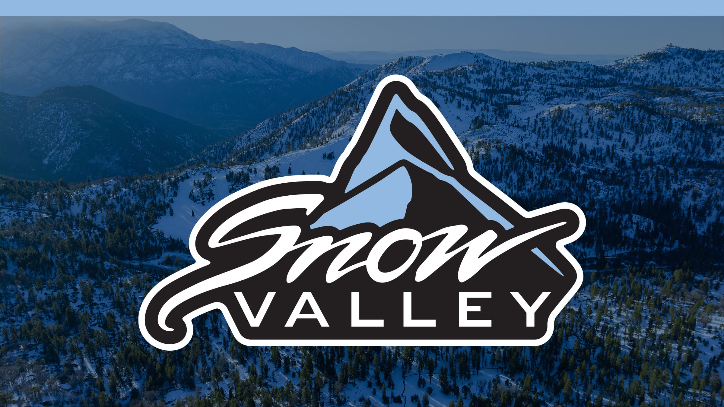 Blue overlay on a snow covered mountain top image with the Snow Valley logo