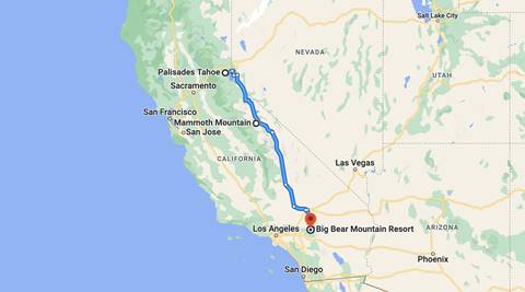 Google Maps direction from Big Bear Mountain Resort to Palisades Tahoe