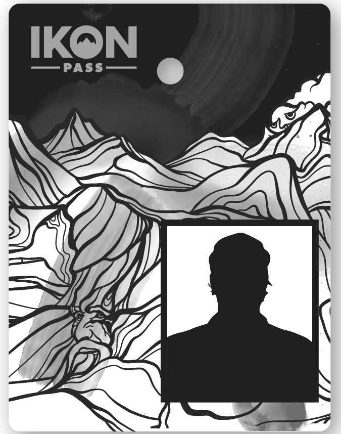 Black and white version of ikon pass card for big bear mountain resort a season pass offering access for winter skiing and snowboarding