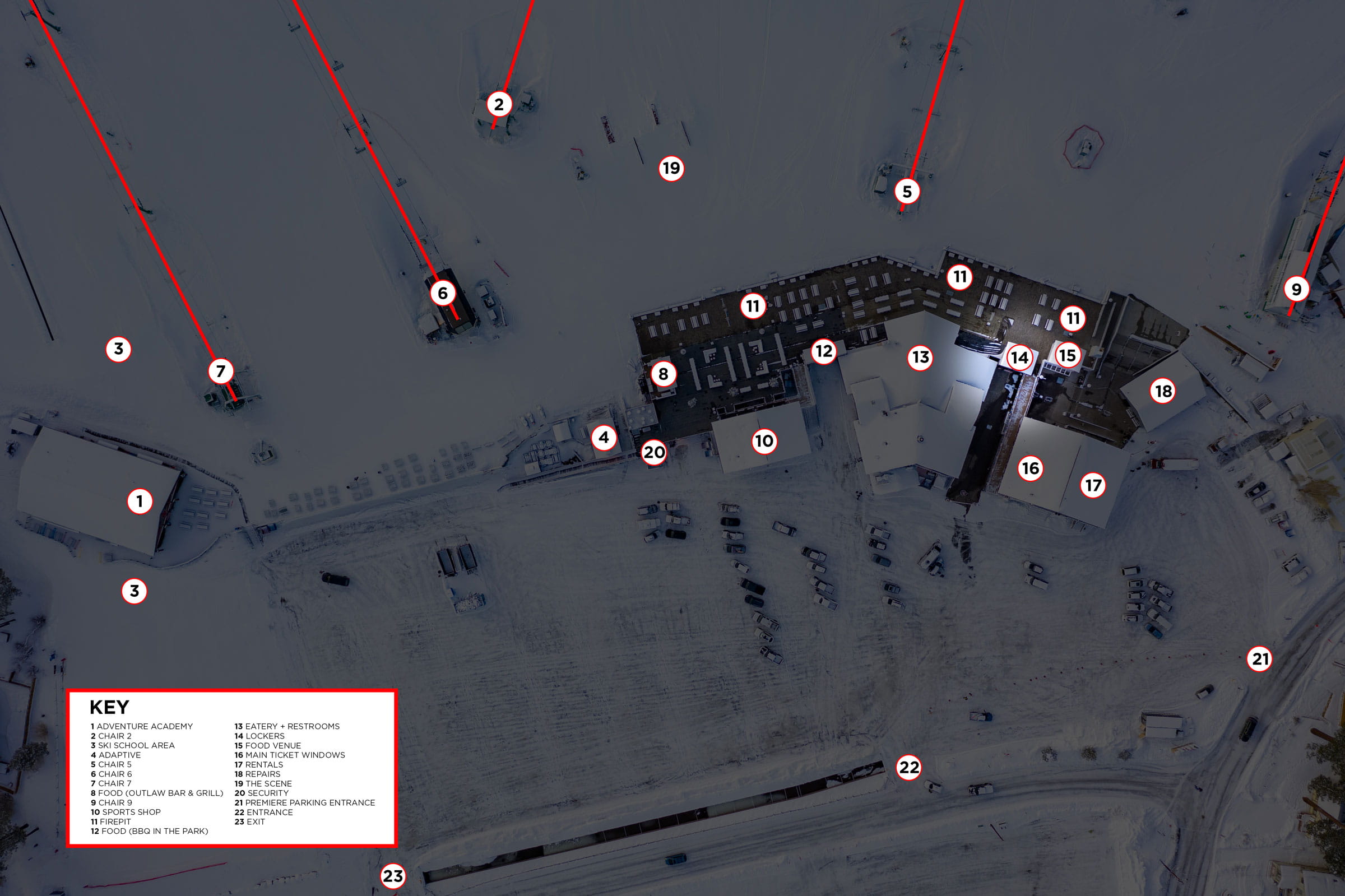 Bear Mountain base area drone view in winter with legend