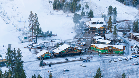 snowy photo of the snow summit base area in the winter months
