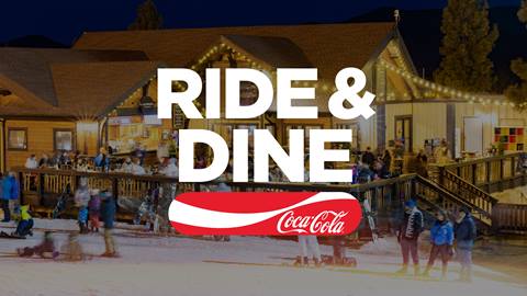 Coca-Cola Ride & Dine overlay on a evening photo of Snow Summit's Slopeside deck with folks on the deck and snow with winter gear.