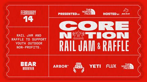 CoreNation Rail Jam contest flyer for February 14, 2026 at Bear Mountain.