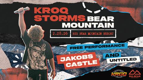 KROQ Storms Bear Mountain flyer including image of adult holding microphone in hand in the air and working including event name, date, and free performance by Jakobs Castle and Untitled.