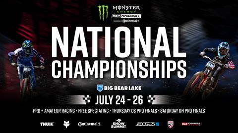 Event flyer for the 2026 Monster Energy Pro Downhill Series and USA Cycling National Championship at Snow Summit Bike Park, Big Bear Mountain Resort
