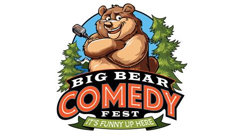 Big Bear Comedy Fest logo with brown bear holding a microphone next to pine trees