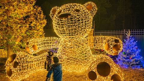 Two kids at nighttime standing in front of a big lit up white glowing lighted teddy bear.