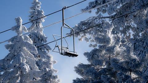 A sole chairlift carrier between snowy covered pine trees against a blue sky.