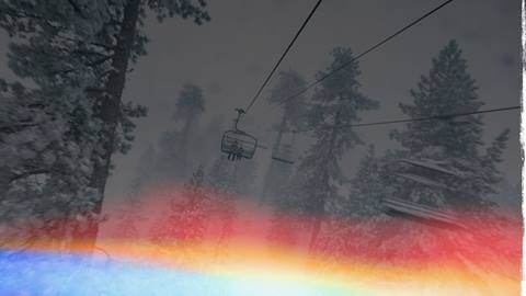 A photo from a ski chairlift during a snow storm with pine trees covered with snow.
