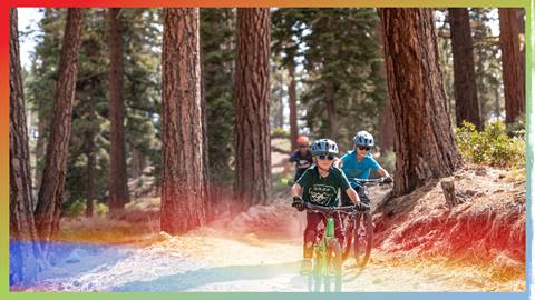A family of four on mountain bikes riding through the Summit Bike Park