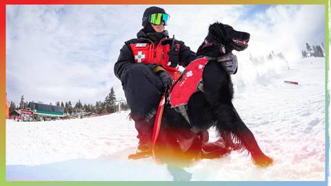 Snow patrol team member with a black snow patrol dog