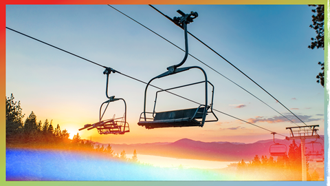 Sunset scenic sky chair at Snow Summit with Big Bear Lake in the background