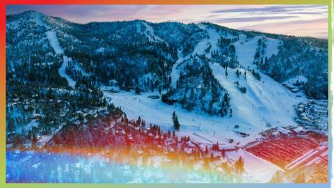 Snowy mountain and ski runs at Bear Mountain