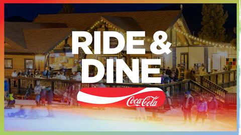 Night Session evening at Snow Summit with guests in winter gear on the slopes and on the Slopeside deck with a Coca-Cola Ride & Dine overlay on top of image.