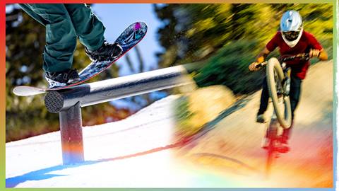 Mountain biker and snowboarder in one photos