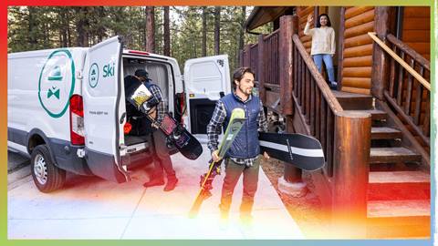 Ski Butlers van and. team unloading rental gear at a customers cabin in Big Bear Lake, California.