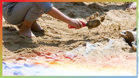 A little kid playing in a sandbox uncovering fake dinosaur bones with a shovel.