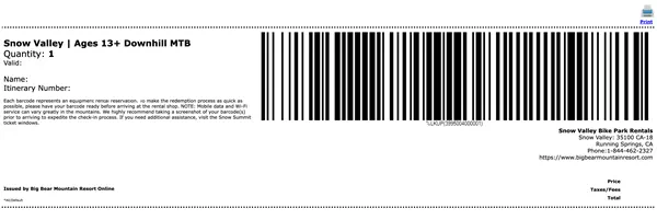 Barcode test order for a Snow Valley mountain bike rental