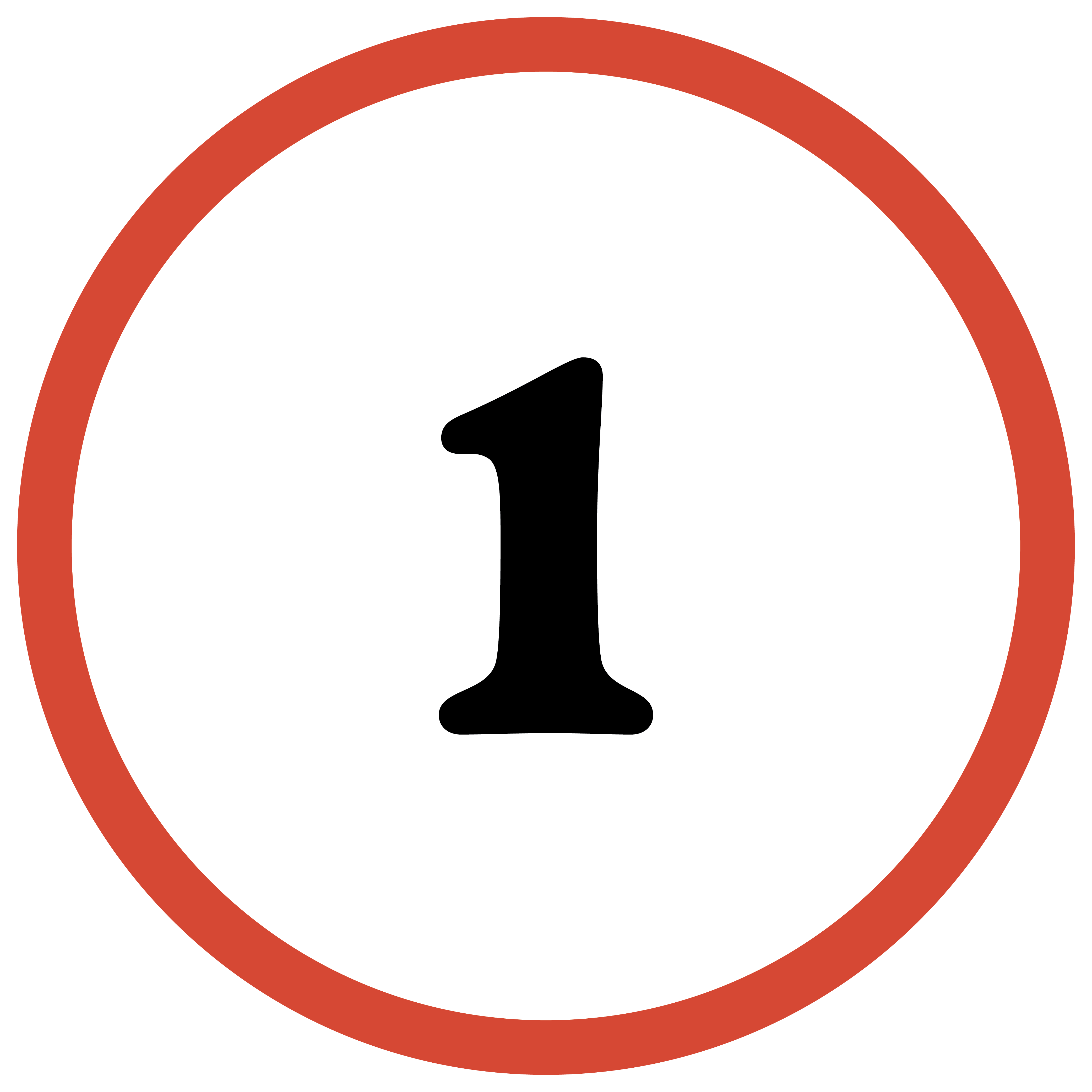 Red circle with white background with black number 1