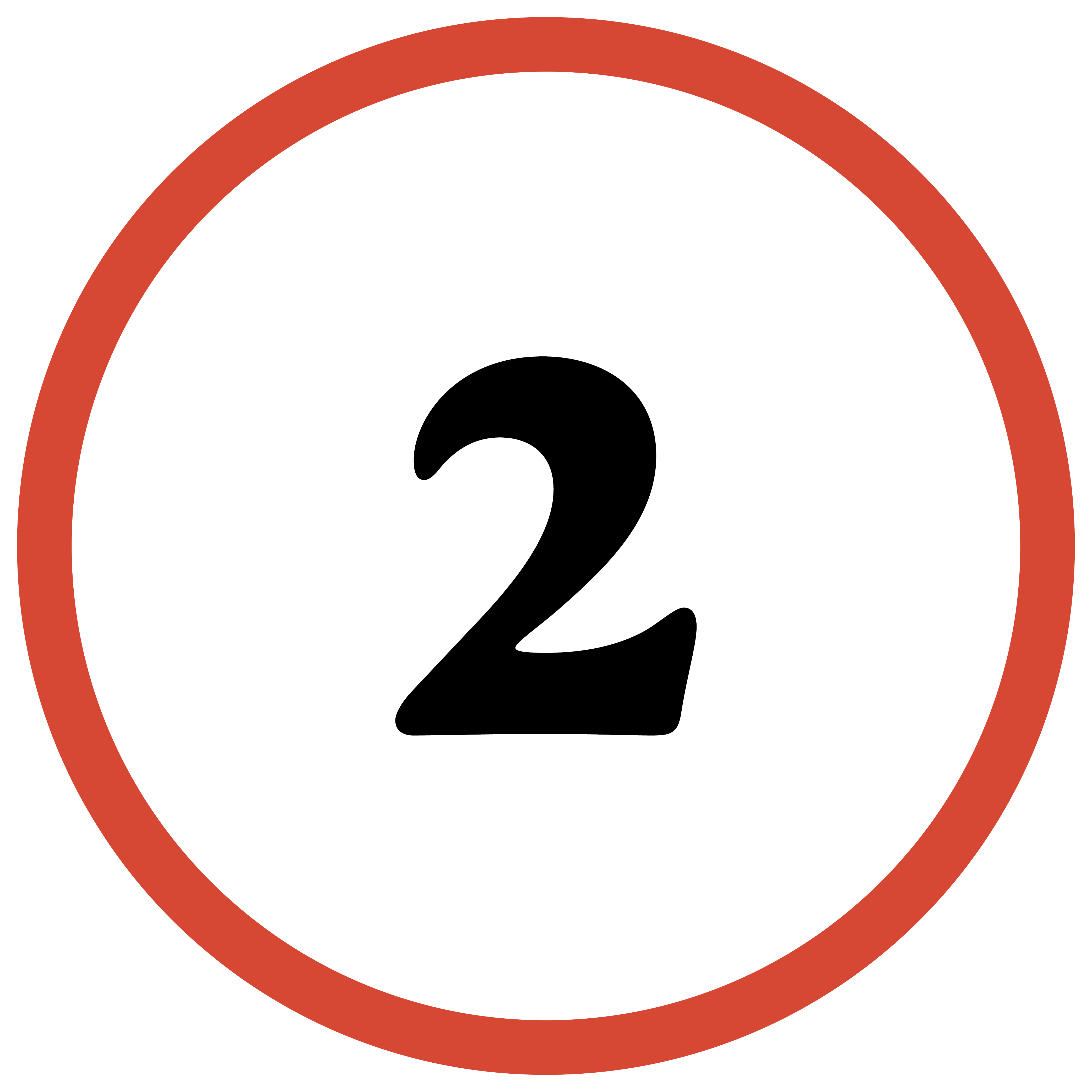 Red circle with white background with black number 1
