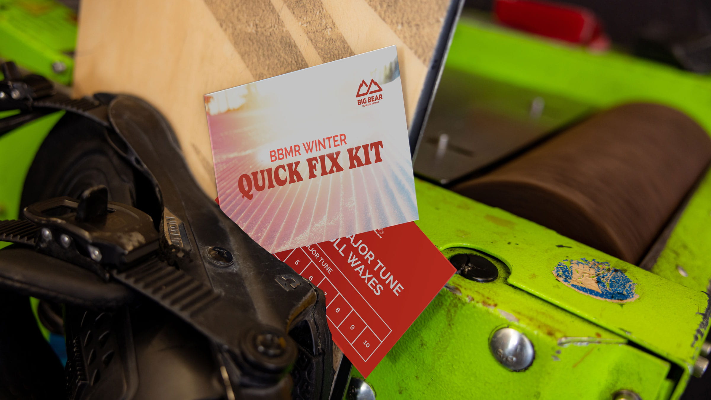 BBMR Winter Quick Fix Kit wax card lying on top of a snowboard
