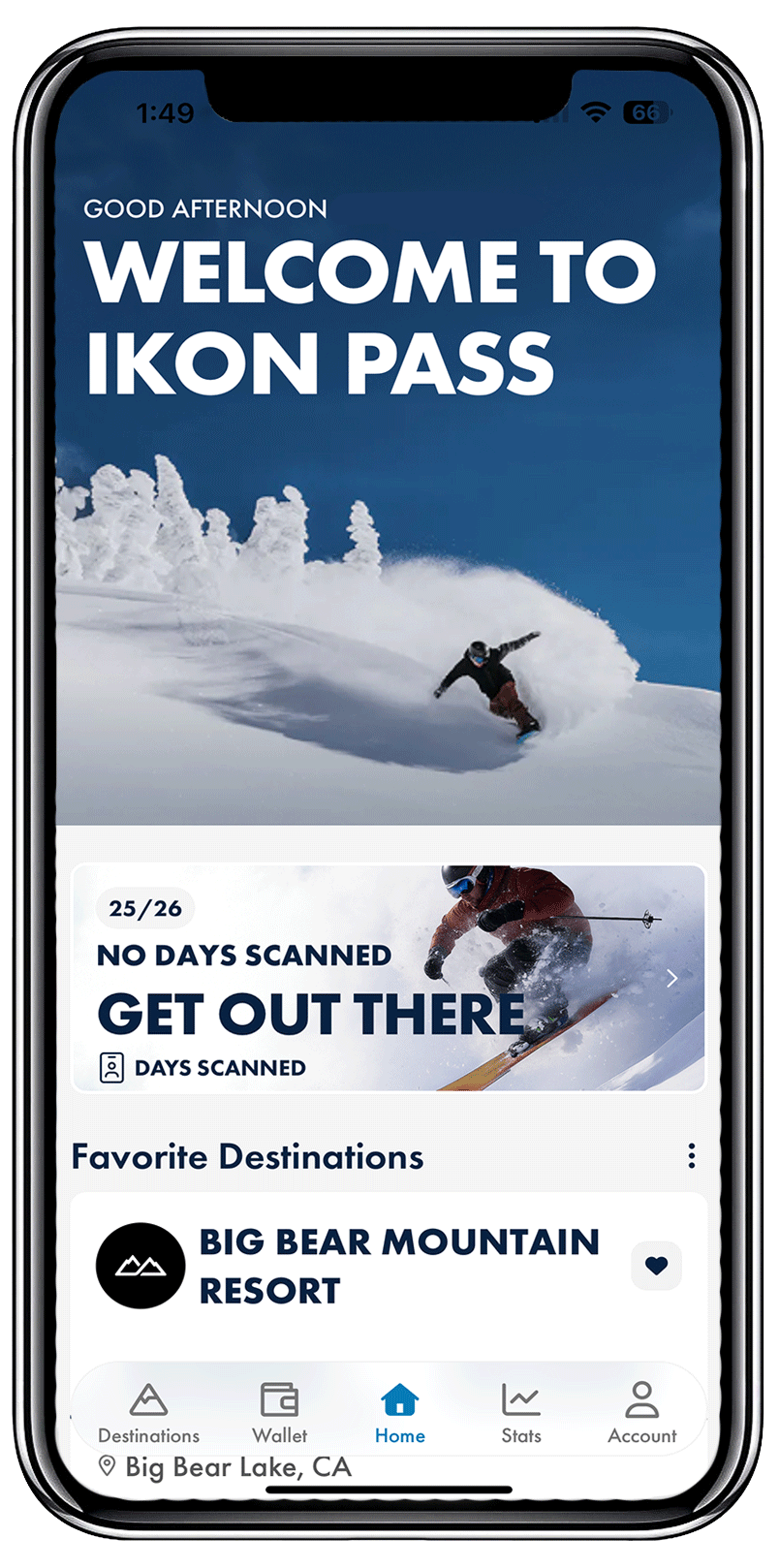 Home splash screen on the Ikon Pass app