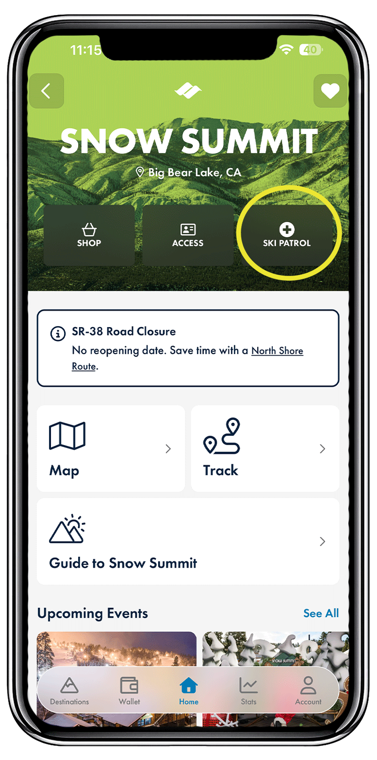 Snow Summit mobile app screensaver background circling how to dial for patrol