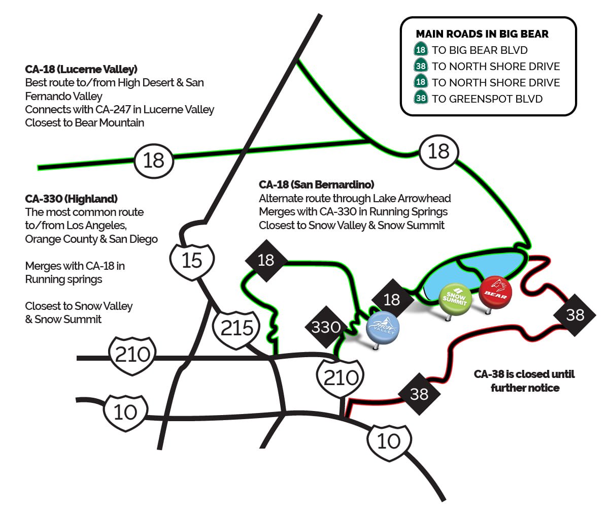 road map showing ways to get to big bear mountain resort with sr-38 closure