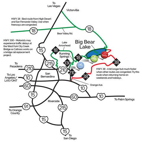 Driving map to Big Bear Lake showing all routes open with North Shore access except for SR-38