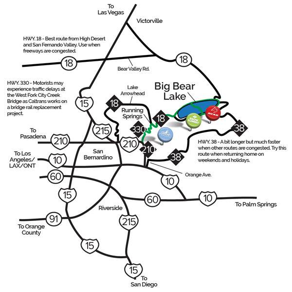 Driving map to Big Bear Lake from SR-330 to SR-28 in Running Springs showing all routes open with North Shore access