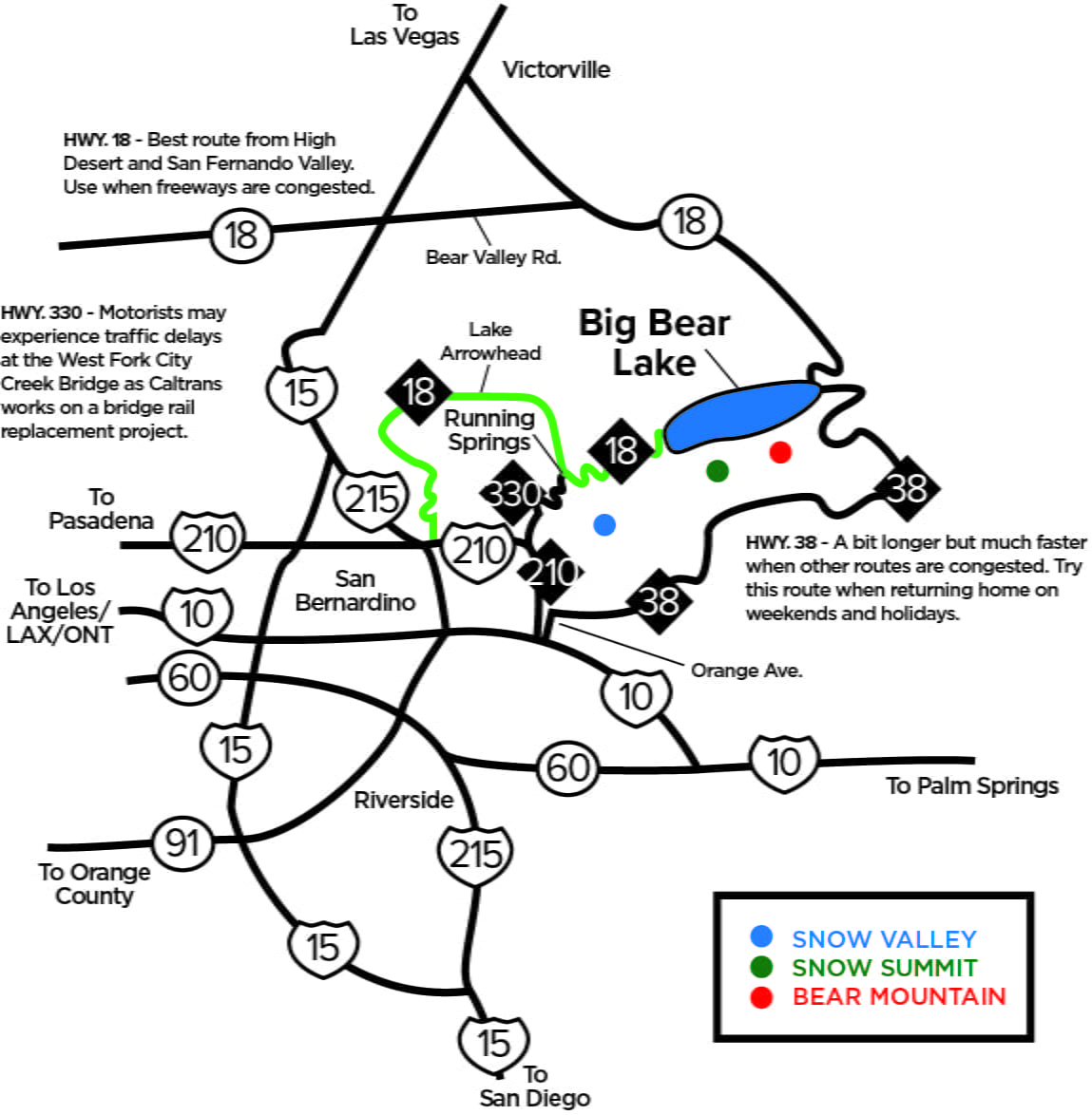 Hwy 18 Direction Map through Running Springs