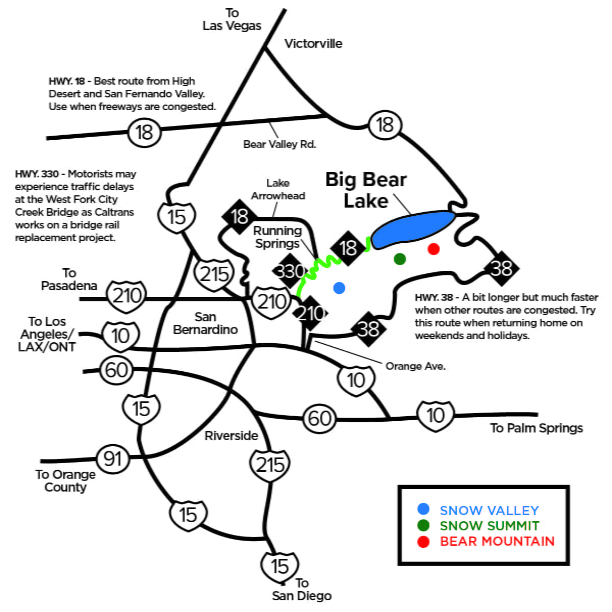 Hwy 330 Direction Map through Hwy 18 Running Springs