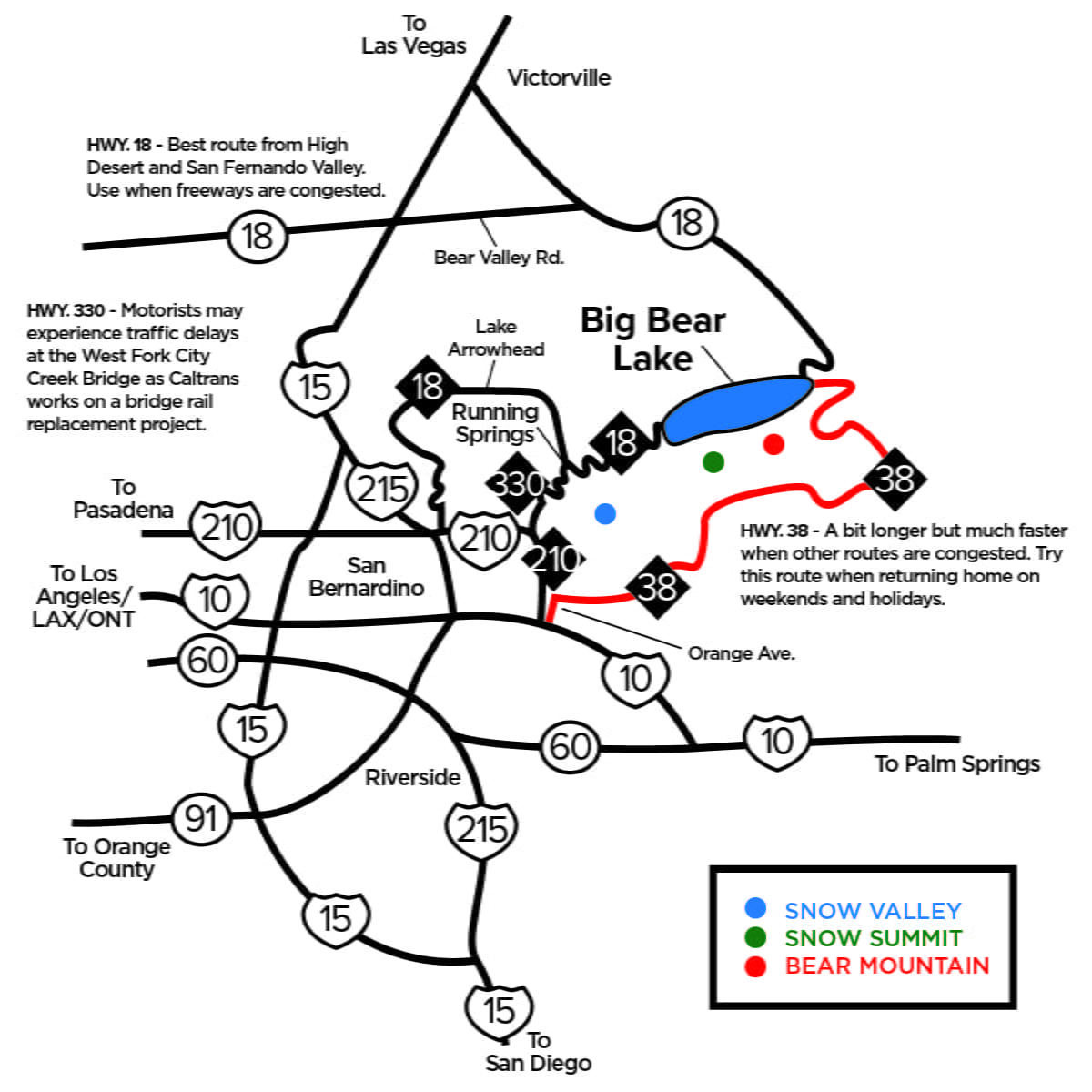 Hwy 38 Direction Map through the back way in Redlands showing road closed with red markings