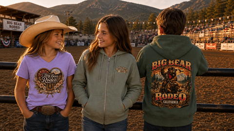Three kids, two boys and a girl, at a rodeo while wearing Big Bear Rodeo merchandise including hoodie sweatshirts and t-shirts during an alpine sunset in the mountains.