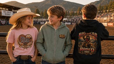Three kids, two boys and a girl, at a rodeo while wearing Big Bear Rodeo merchandise including hoodie sweatshirts and t-shirts during an alpine sunset in the mountains.
