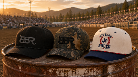 Three hats including a black, camo, and white navy one sitting on a barrel with a mountain landscape and sunset in the background.
