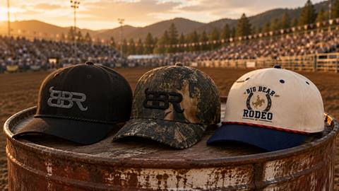 Three hats including a black, camo, and white navy one sitting on a barrel with a mountain landscape and sunset in the background.