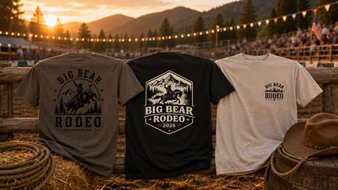 A army green, black, and white t-shirt with Big Bear Rodeo logos and designs displayed against a mountain sunset.