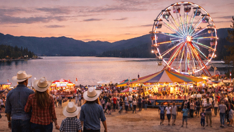 Spectators walking through a brightly lit evening carnival with a glowing Ferris wheel, event tents, and mountains in the background.