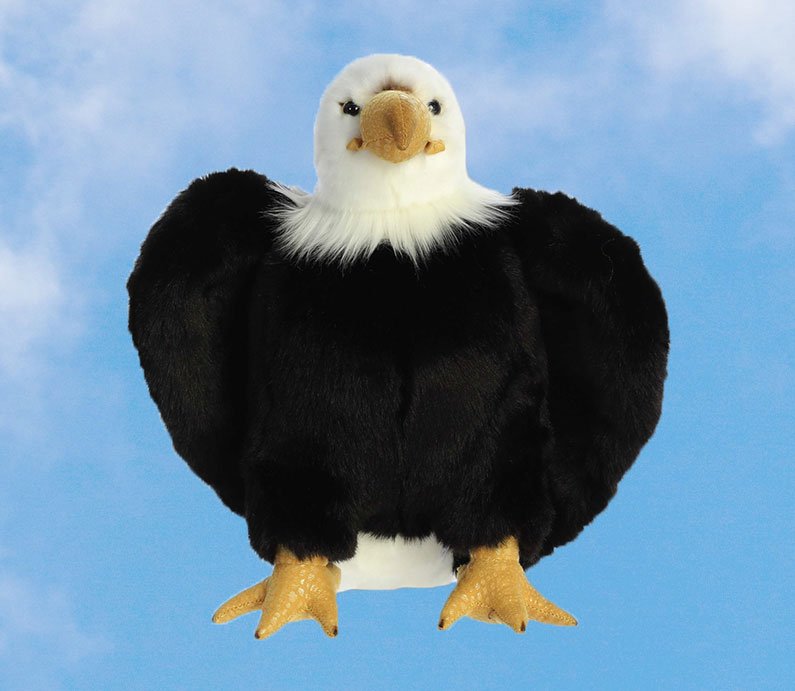 Bald eagle stuffed plush animal with white head, black body, yellow beak and feet.