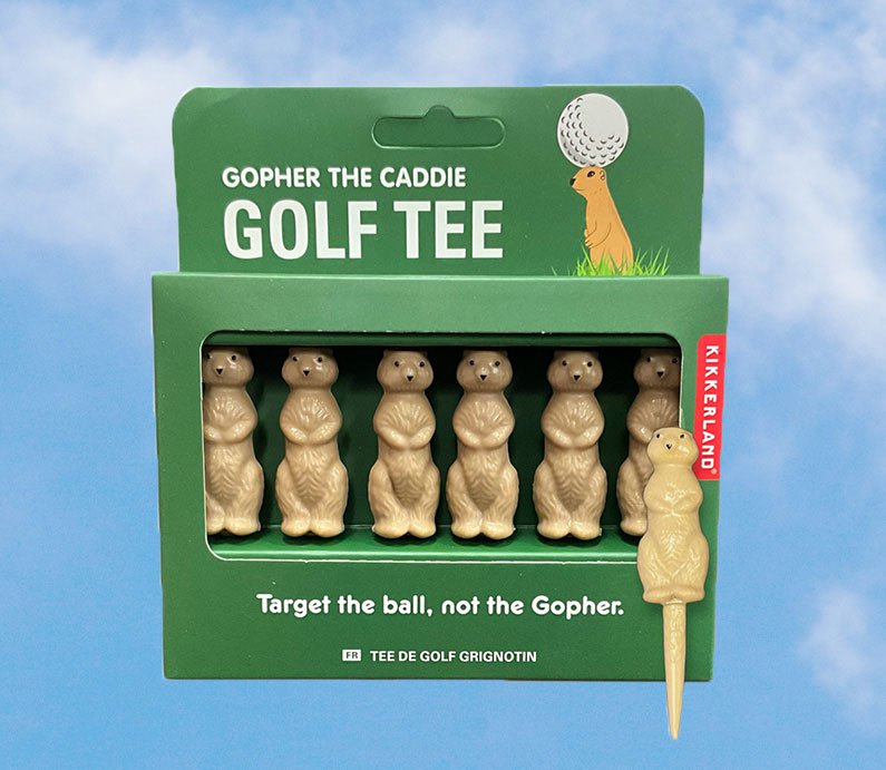 A six pack of tan plastic golf tees in the shape of a gopher animal.