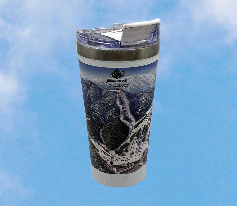 Bear Mountain winter trail map tumbler with white base and clear plastic with white flip top mouth piece for sipping.