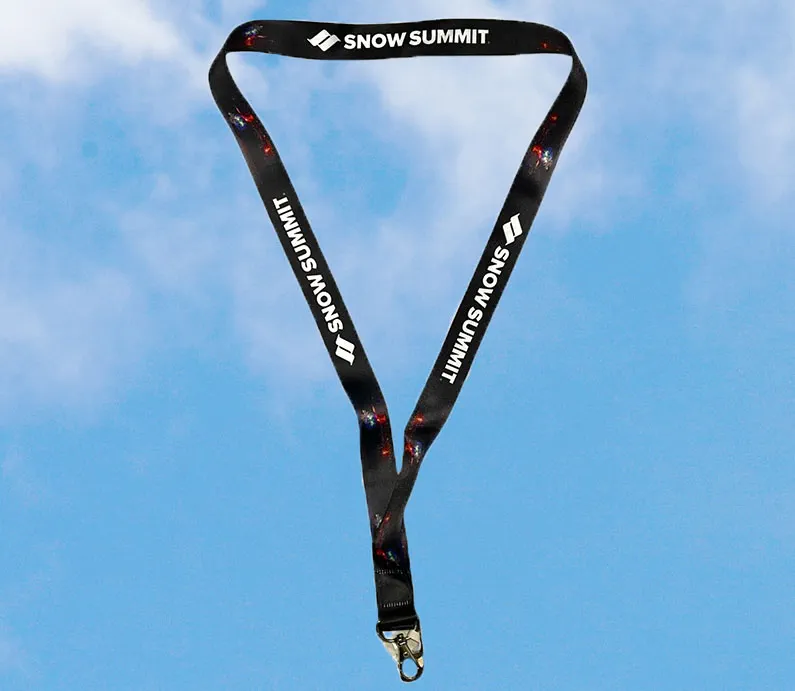 Black lanyard with white Snow Summit lettering and firework design.