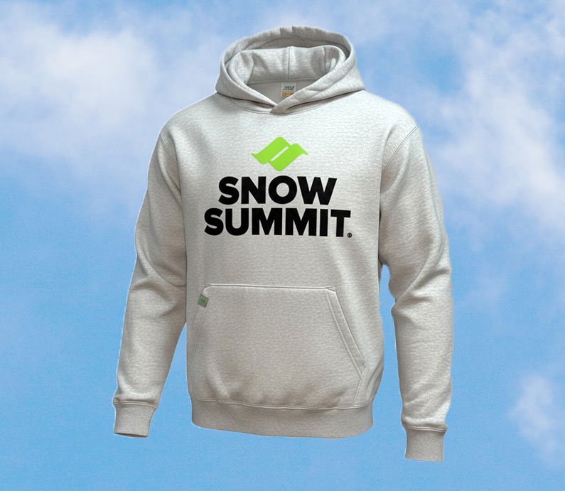 Grey hoodie sweatshirt with green snow summit logo and black Snow Summit font below