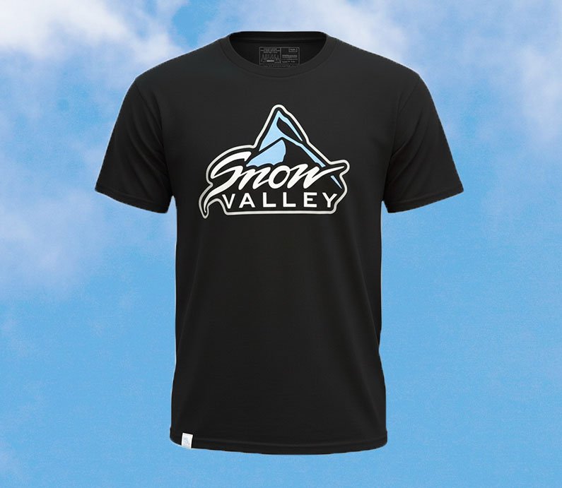 Black t shirt with blue and white snow valley logo in the center.